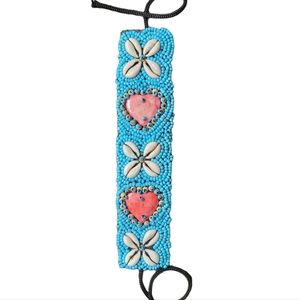 Vintage Cowrie shell Beaded Cuff Bracelet with and pink stone hearts